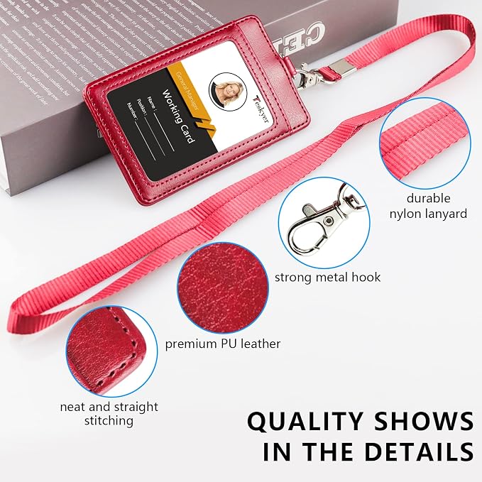 Teskyer Badge Holder with Lanyard, Leather ID Name Badge Card Holder with - Image 2
