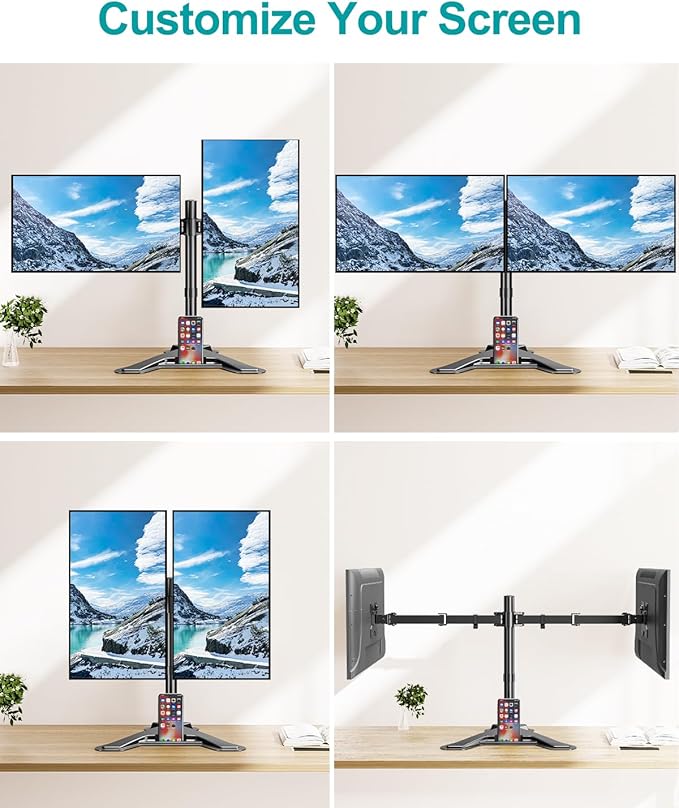 MOUNT PRO Dual Monitor Stand, Free-Standing Full Motion Monitor Desk Mount Fits 2 Screens up to 27 inches,17.6lbs with Height Adjustable, Swivel, Tilt, Rotation, VESA 75x75 100x100, Black-DeskLoop Office