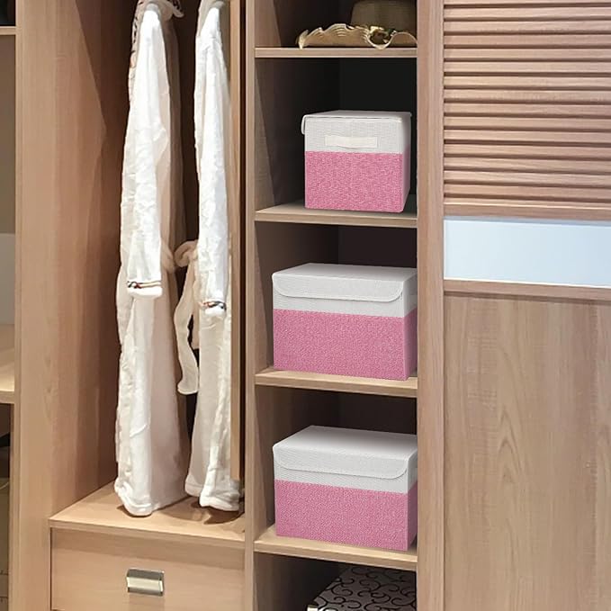Large 22 Quart Linen Fabric Foldable Storage Bin Cube Organizer Basket with Flip-Top Lid & Handles, Clothes Blanket Box for Home, Office, Closet, Pink & White, 4 Pack 14.6 x 9.5 x 9.5-DeskLoop Office