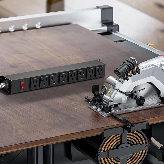 HEZI 20 Amp Power Strip Surge Protector 1200J, Metal 8 Outlets Heavy Duty 20amp, 15Ft 12 Gauge Extension Cord for Appliance Workbench Garage Industrial, Combine with T-Plug Adapter,5-20R T-Slot-DeskLoop Office