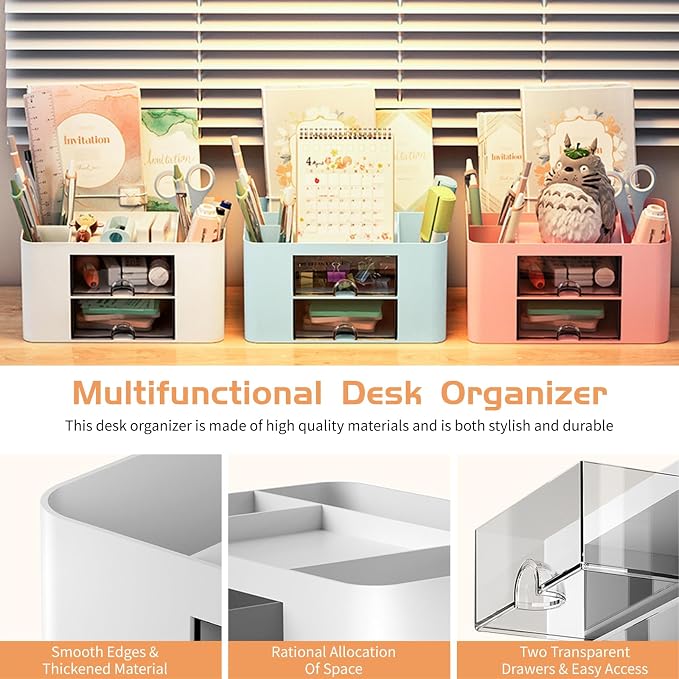 Cayxenful Pencil Pen Holder for Desk, 2 Drawer Desk Organizers, 5 Compartments - Image 3