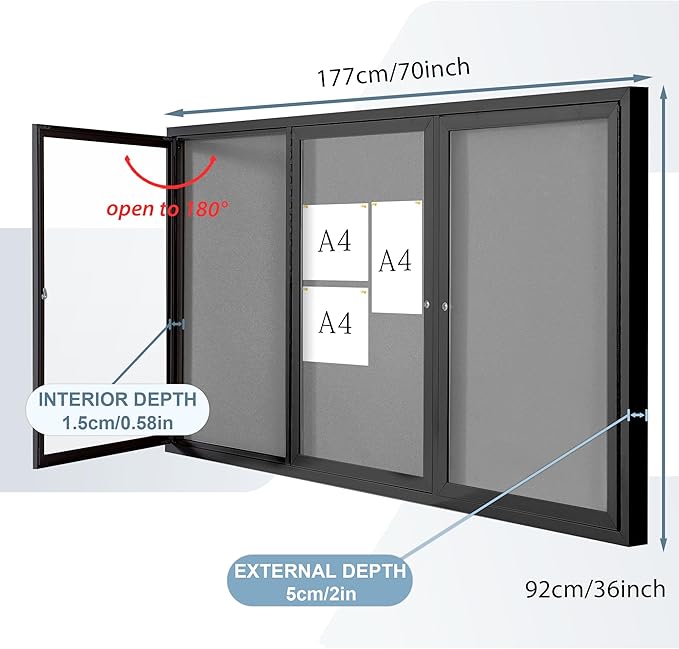 Enclosed Bulletin Board Outdoor Noticeboard with Locking Door, Weather-Resistant, Grey Felt, Black Aluminum Frame, 70 x 36 in-DeskLoop Office