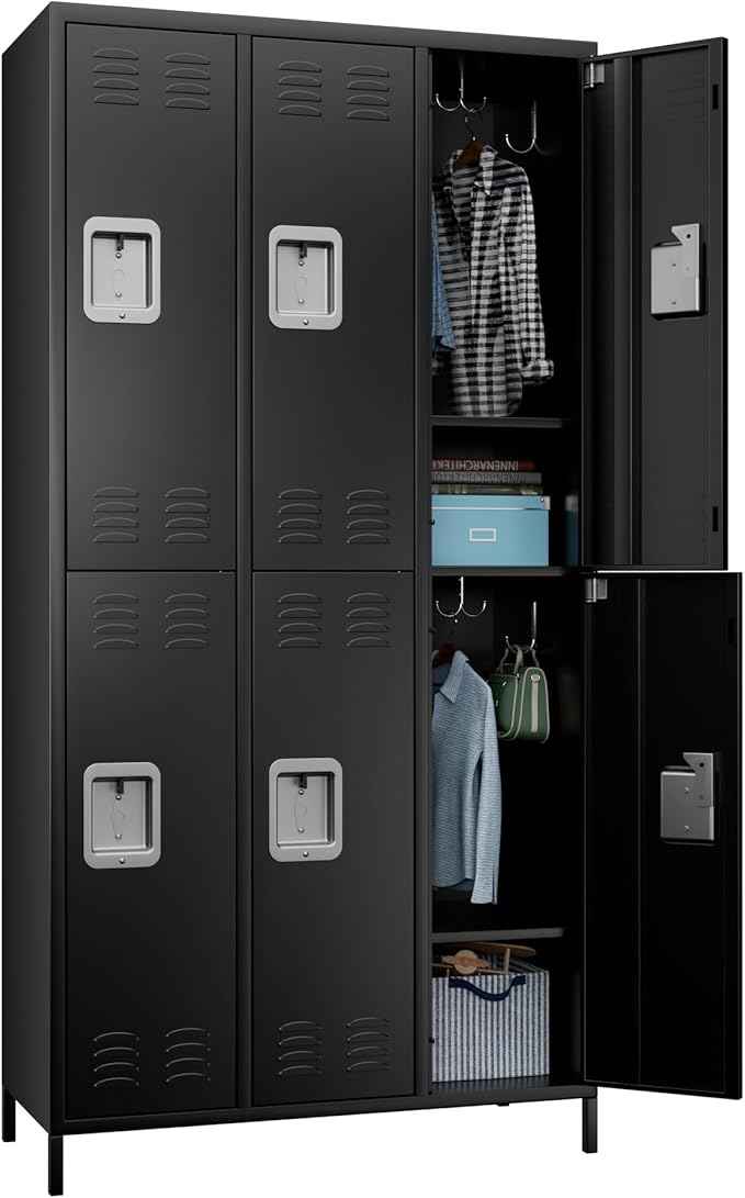 6 Doors Metal Lockers for Employees with Lock, Metal Locker with 18 Hooks for School Garage Office Gym Home,Assembly Required,Black-DeskLoop Office