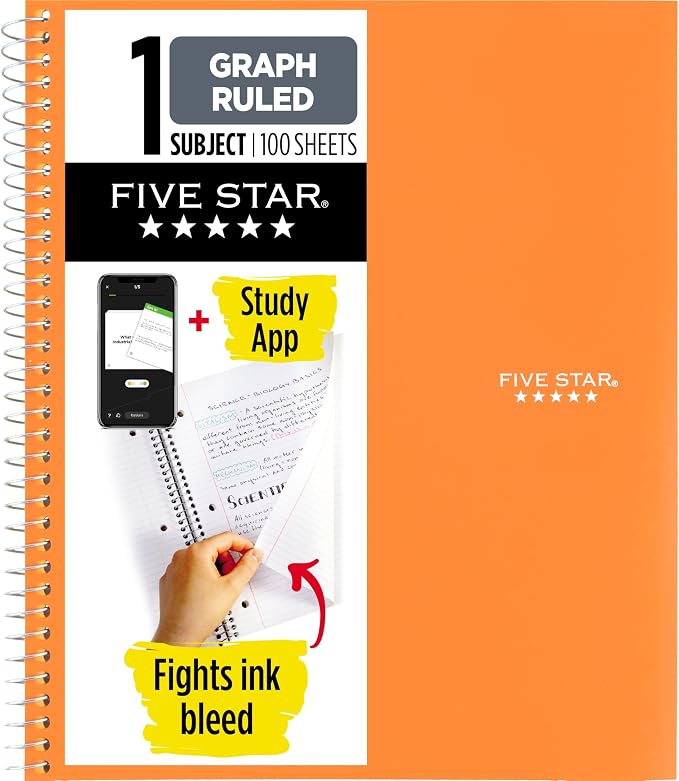 Five Star Spiral Notebook + Study App, 1 Subject, Graph Ruled Paper, 8-1/2" x by FiveStar