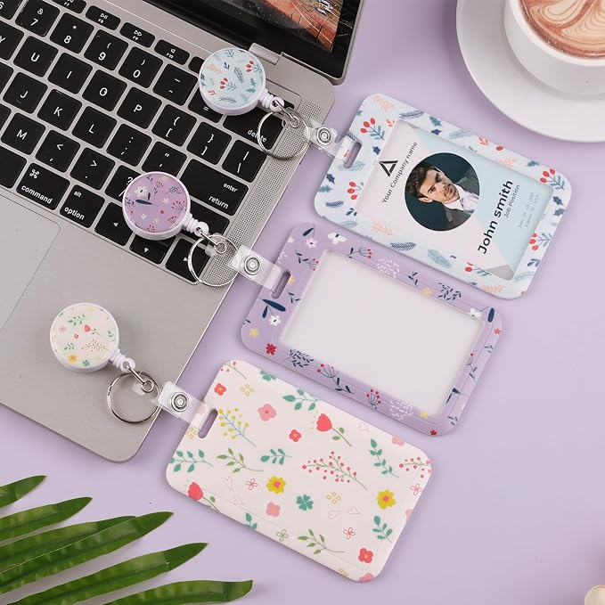 3 Set Badge Holder with Retractable Reel, Flower Pattern Retractable ID Badge - Image 6