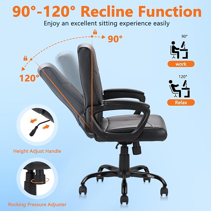 CLATINA Mid Back Leather Office Executive Chair with Lumbar Support and Padded Armrestes Swivel Adjustable Ergonomic Design for Home Computer Desk-DeskLoop Office