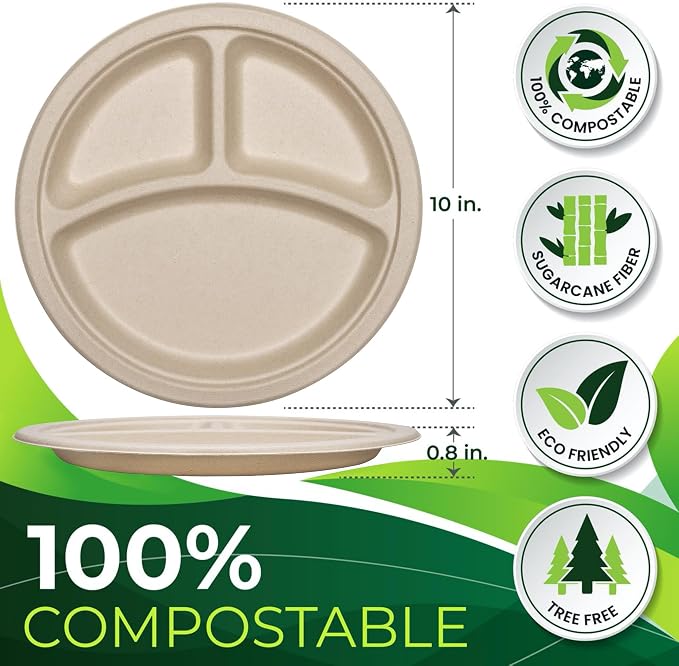 100PCS 100% Compostable 10in Brown Paper Plate, 3-Compartment Heavy Duty - Image 2