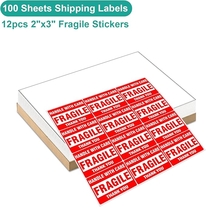 MFLABEL 100-Pack Full Sheet Labels (8.5" x 11") Matte White - Laser/Inkjet Printer Shipping Labels w/Strong Permanent Adhesive + 12 Free Fragile Stickers-DeskLoop Office