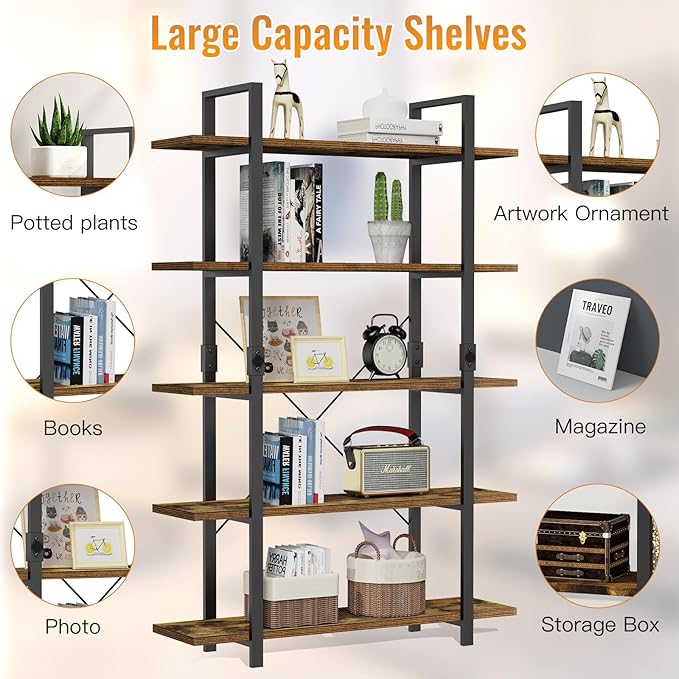 FRAPOW 5 Tier Bookshelf, 70 inch Tall Solid Bookcase Industrial Wooden Bookshelves Large Wall Etagere Rustic Vintage Book Shelf with Metal Frame Open Storage Rack for Living Room Home Office-DeskLoop Office