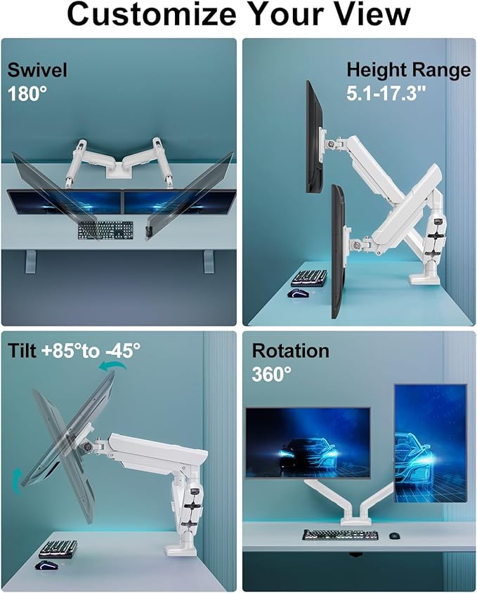 Dual Monitor Mount for 2 Monitors up to 32 inches, Height Adjustable Gas Spring Double Monitor Stand, Two Display Desk Mount Holder, Each Monitor Arm Holds Max 22lbs, VESA Mount, White, Freelift Pro-DeskLoop Office
