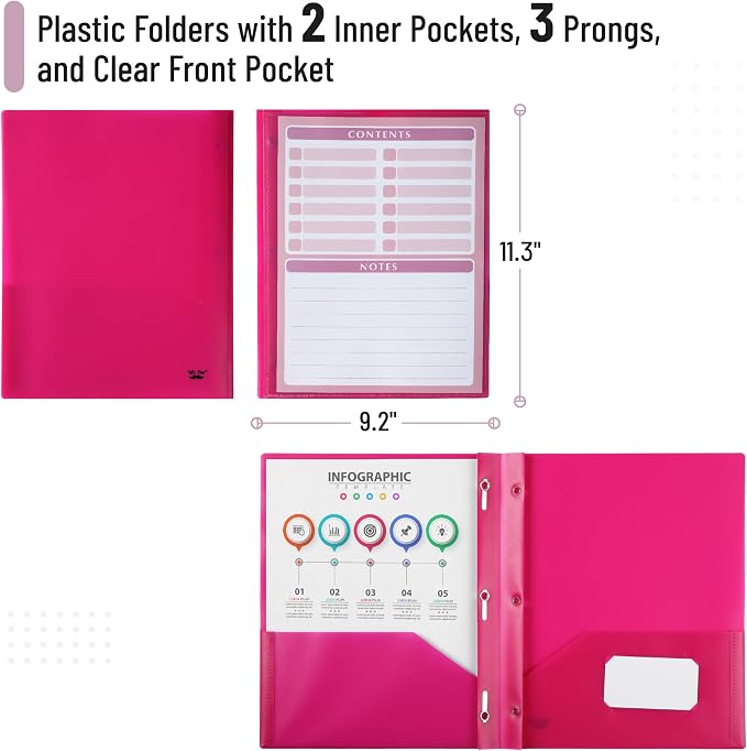 Mr. Pen- Plastic Folders with Pockets and Prongs, 24 Pack, Letter Size | Magenta - Image 3