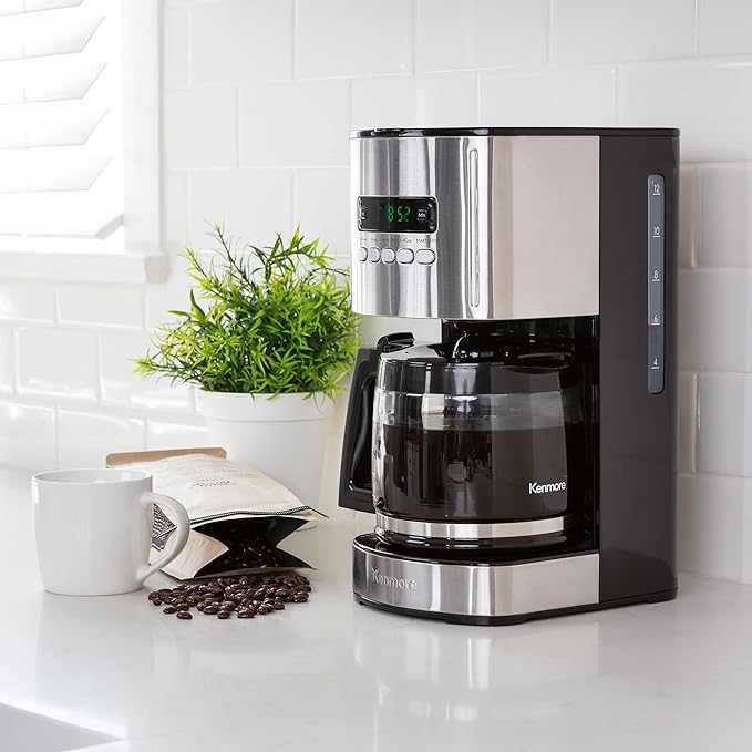 Kenmore Drip Coffee Maker - 12 Cup Programmable Cafe Machine With Glass Pot, Regular & Bold Brew, Auto Shut Off Large Water Reservoir, Reusable Filter, Kitchen Appliances For Cafeteria Barista, Black-DeskLoop Office