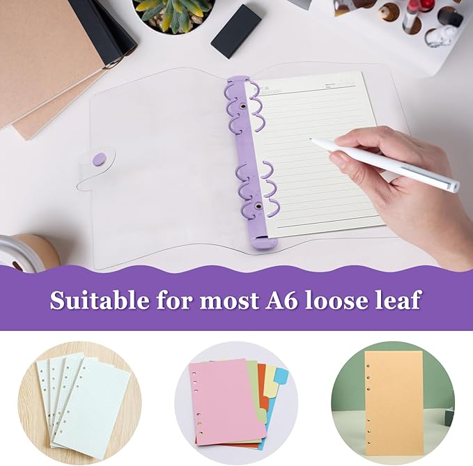 6 Pack PVC A6 Binder Transparent 6 Ring Binder Clear Soft PVC Notebook Cover Budget Planner Binder Notebook Shell Folder Cover with Snap Button for Refillable Notebook School Office Meeting