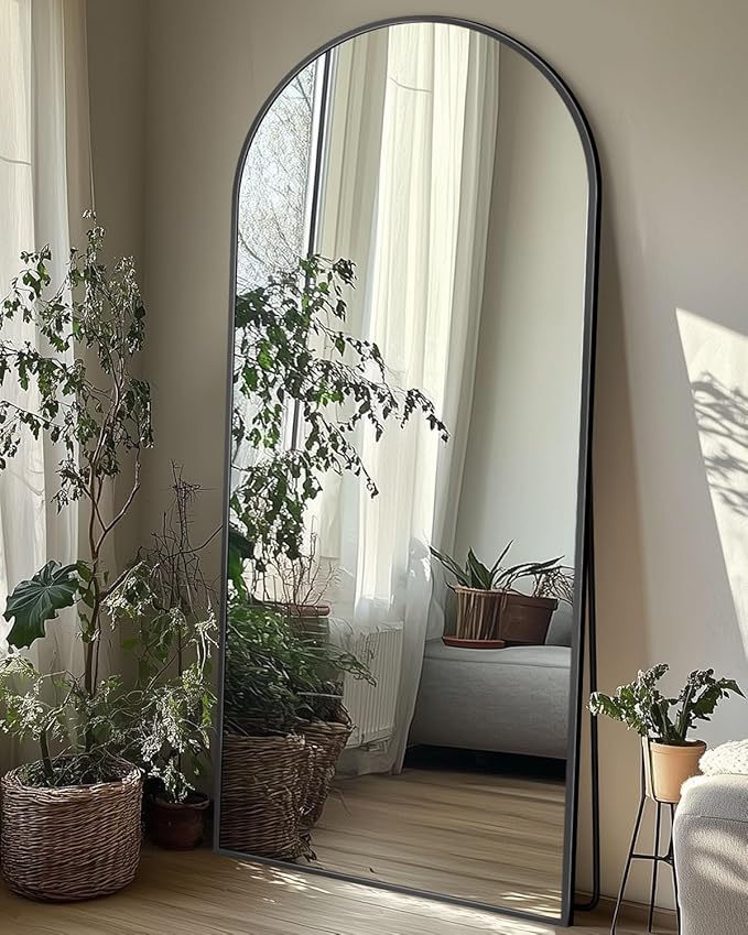 Full-Length Floor Mirror with Stand, 58"x19" Arched Style Full Body Standing Mirror for Bedroom, Living Room, Gym, Dorm - Shatter-Resistant & Easy Assembly, Black-DeskLoop Office