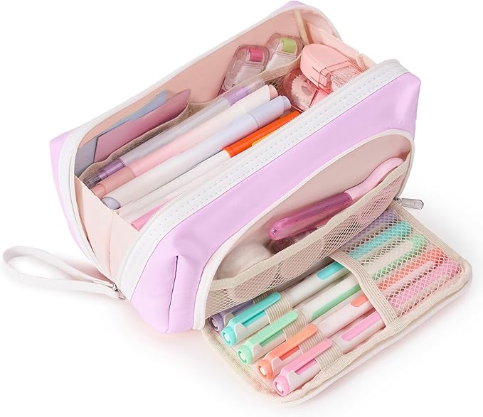 Sooez Big Capacity Pencil Case, Extra Large Pencil Pouch with Zipper Pocket, Wide Opening Pencil Bag, Portable Stationery Organizer, Cute Aesthetic School Office Supplies for Teens Girls Adults, Pink-DeskLoop Office
