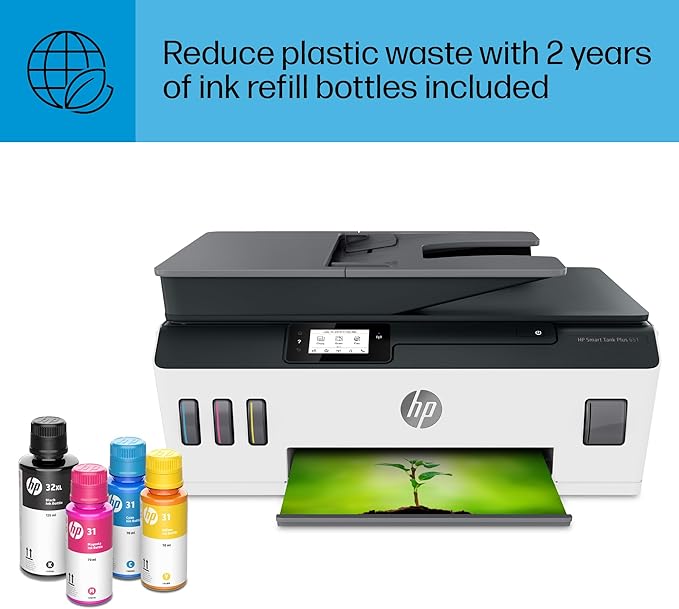 HP Smart -Tank Plus 651 Wireless All-in-One Ink -Tank Printer, up to 2 Years of Ink in Bottles, Auto Document Feeder, Mobile Print, Scan, Copy,, Fax, Works with Alexa (7XV38A)-DeskLoop Office