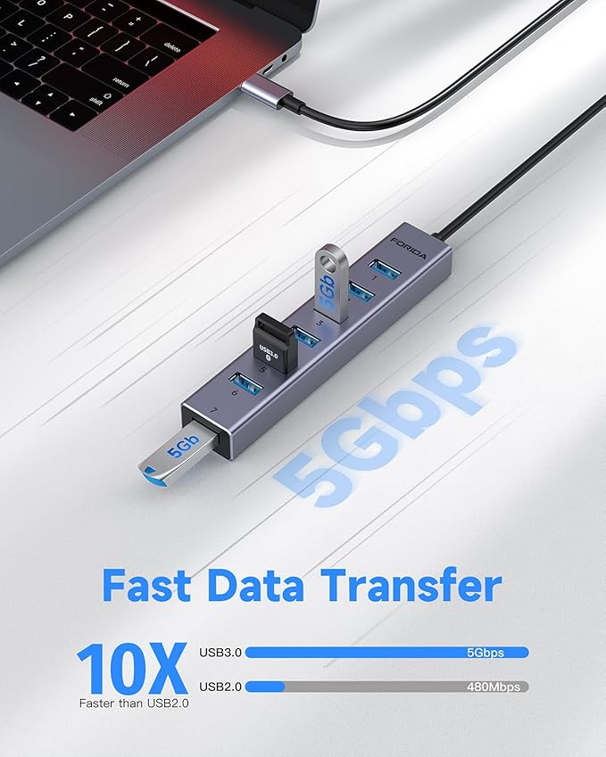 FORIDA USB C to USB Hub, 8 Ports USBC HUB with 7 USB 3.0 Data Ports, Aluminum Alloy Shell USB Splitter with USB C 5V/3A Power Port for Laptop PC and More-DeskLoop Office