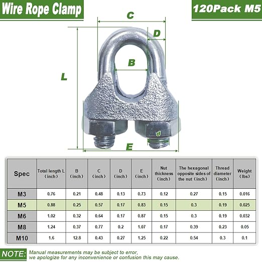 120PCS M5 Heavy Duty Wire Rope Clamps, 3/16-Inch Zinc Plated Wire Cable Clamps - Image 2