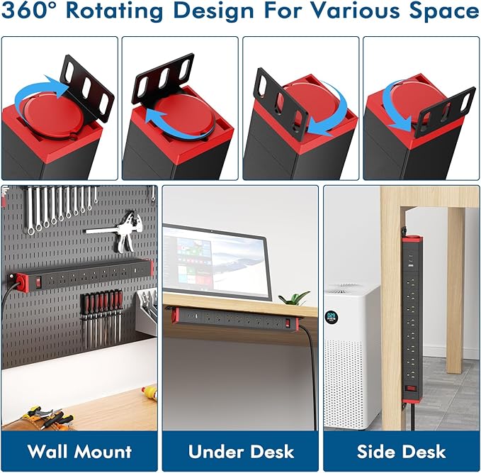 360° Rotating Mountable Power Strip with USB Ports, 8 Outlet Surge Protector Power Strips Wall Mount, Metal Heavy Duty Versatile Outlet with 6FT Power Cord,For Home Office Industrial Garage Commercial-DeskLoop Office
