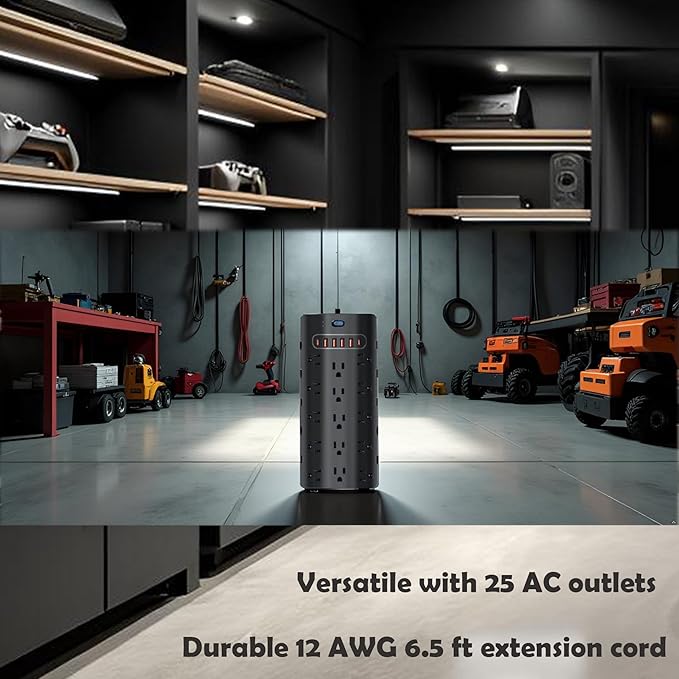 20 Amp Power Strip Surge Protector,Heavy Duty 12 Gauge 6.5 ft Extension Cord,25 AC Outlets,6 Fast USB Ports,4000 Joules,2500W/125V,Office Workshop Household Garage Black,Insurance Coverage.-DeskLoop Office