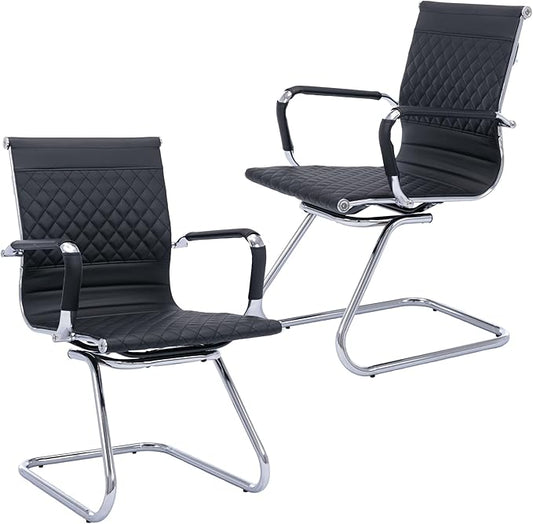 Office Guest Chairs - Reception, Waiting Room & Conference Room Set of 2 - Mid Back, Modern PU Leather Desk Chairs, Black-DeskLoop Office