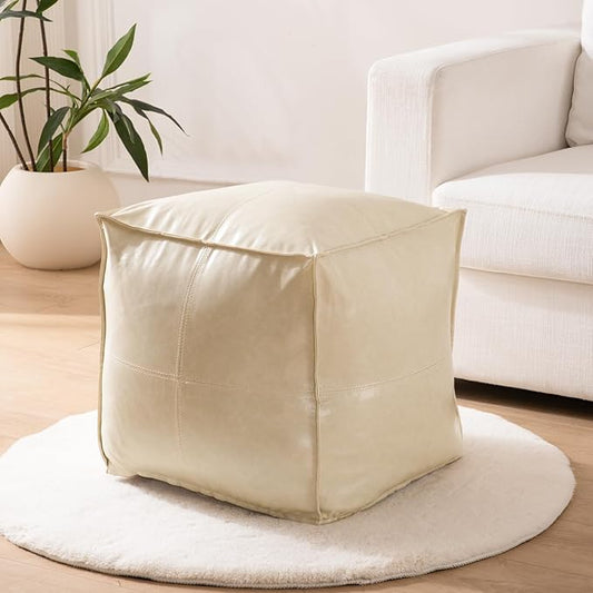 17.7" Square Unstuffed Pouf Ottoman Cover, Pu Leather Poufs Cube Foot Stool Poofy Ottomans Footrest, Decorative Casual Footstool for Living Room, Perfect to Rest Your Feet, Only Cover No Filler, Beige-DeskLoop Office