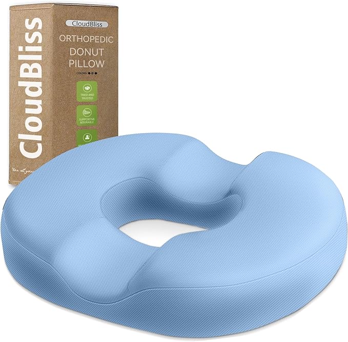 CloudBliss Donut Pillow Seat Cushion Chair Pad for Tailbone Pain Relief and Hemorrhoids, Memory Foam Seat Chair Cushion for Men and Women for Home & Office, (Light Blue)-DeskLoop Office