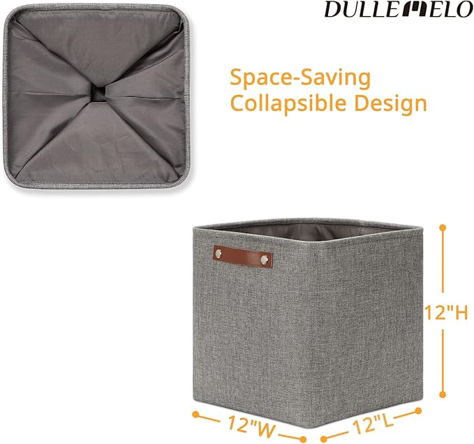 DULLEMELO 12 inch Cube Storage Bins, Large Collapsible Grey Storage Baskets for Square Cubes Organizing, Fabric Boxes Bins for Shelves Nursery Home Office Storage(4 Pack - 12" Grey)-DeskLoop Office