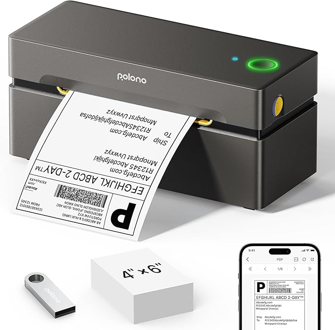 POLONO Bluetooth Thermal Shipping Label Printer, Wireless 4x6 Shipping Label Printer for Small Business, Support iOS, Android, Windows and Mac, Compatible with Amazon, Ebay, Shopify, Etsy, USPS(Brown)-DeskLoop Office