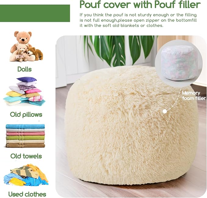 HIGOGOGO Round Stuffed Pouf Ottoman, Long Faux Fur Poufs with Foam Chunk Filling, Fluffy and Furry Pouf Foot Stool Storage Ottoman, 26 X 18 Floor Poufs Foot Rest for Living Room, White-DeskLoop Office