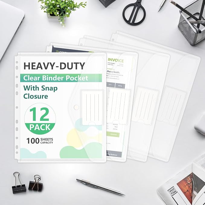 HOUYEE 12 Pack Clear Binder Pocket, 11 Holes Heavy-Duty Plastic Binder Pouch - Image 6