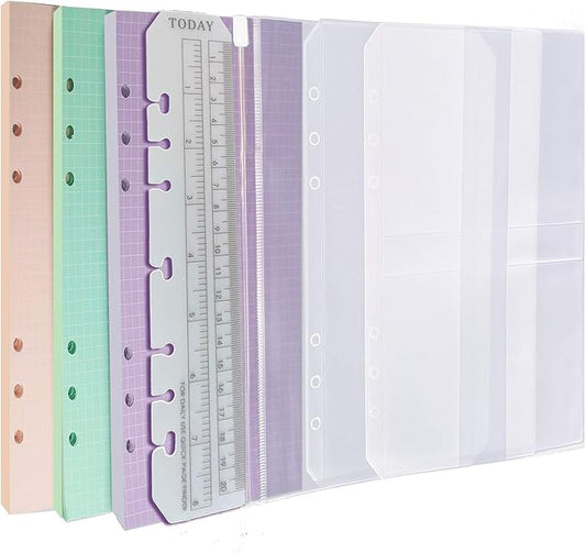 Chris.W A5 Refills - 3 Pack 40 Sheets Colorful Grid Binder Paper, 3 Pcs Binder Pockets, 1 Page Marker - 6 Hole Notebook Inserts for A5 Binder Notebook Planner