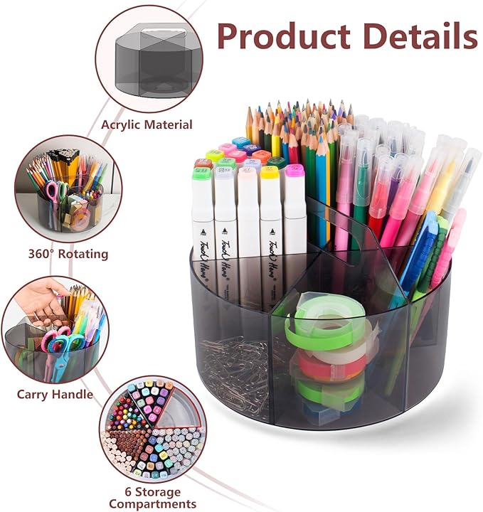 Absonic Acrylic Pen Holder Crayon Organizer for Kids, 6 Slots Arts and Crafts Organizer Marker Caddy Organizer for Classroom, 360 Rotating Pencil Holder Art Supplies Storage for School Office Grey-DeskLoop Office