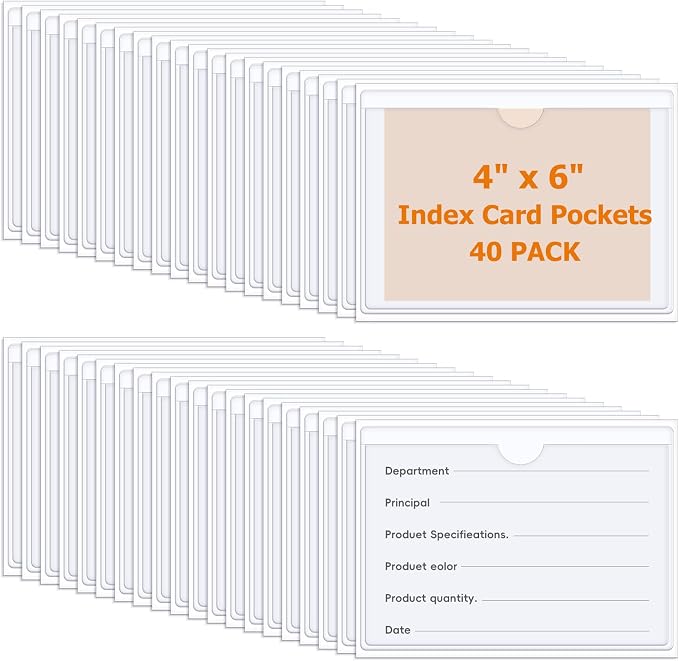 40 PCS Index Card Pockets 4"X6", Self Adhesive Card Pockets, Plastic Labels - Image 8