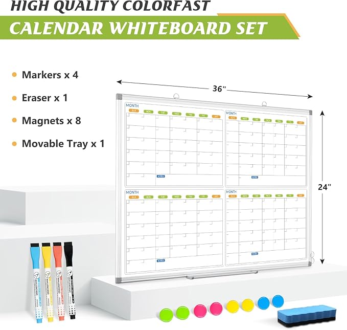Dry Erase Calendar Whiteboard for Wall, 36" x 24" Magnetic Planner, Silver Aluminum Frame 4 Month Board for Office Home and School-DeskLoop Office