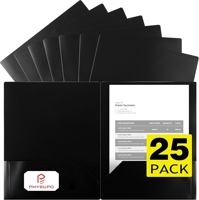 pmybupo 25 Pack Black 2 Pocket Folders, Heavy Duty Plastic Folders by pmybupo