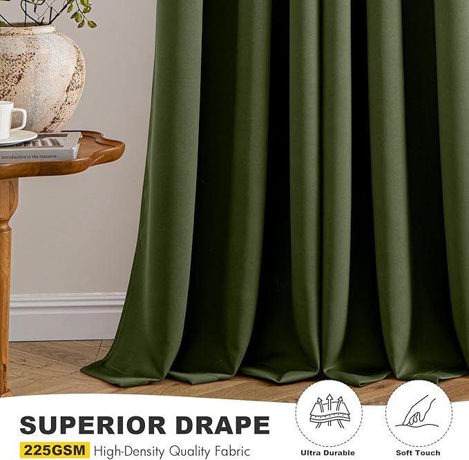 MIULEE Olive Green Blackout Curtains for Bedroom Living Room 96 Inches Long 2 Panels, Thermal Insulated Room Darkening Drapes Solid Grommet Top Noise Reducing Dark Green Window Treatments 40x96 Inch-DeskLoop Office