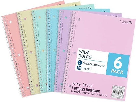 Blue Summit Pastel School Notebooks, 1 Subject Notebooks for School Wide Ruled, 6 Pack-DeskLoop Office