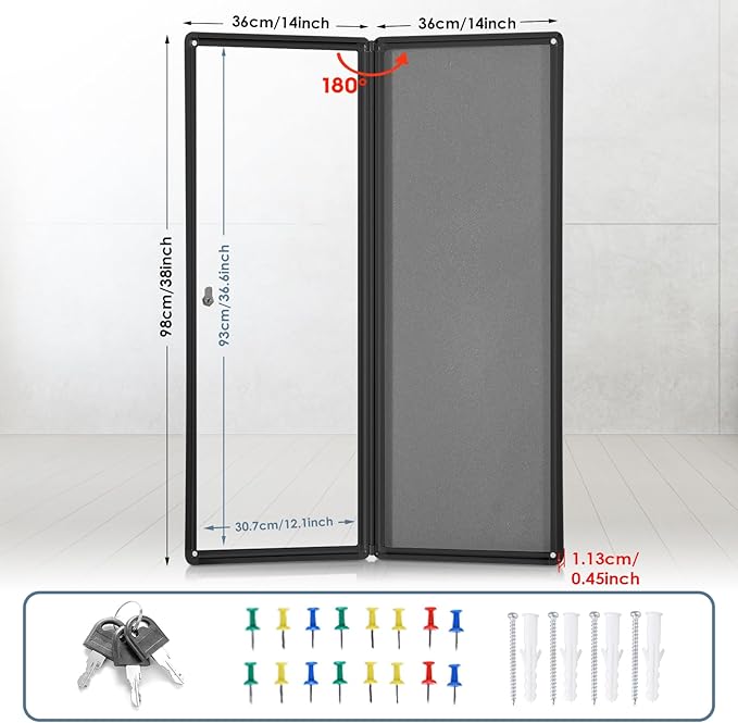 Enclosed Bulletin Board,Lockable Noticeboard with Locking Door,Wall Display Case for Indoor, Tamperproof and Shatter Resistant, Black, Aluminum Frame, 38 x 14 in-DeskLoop Office