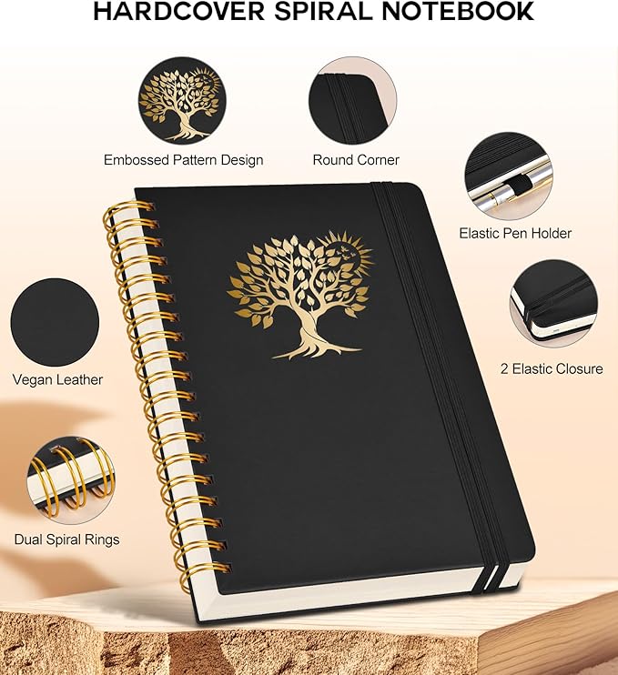 Spiral Notebook Journal for Women Men, 300 Numbered Lined Pages, College Ruled, A5 Hardcover Spiral Bound Notebook for School, Work, Note Taking Writing, Leather Spiral Journal Medium 5.9"x8.5"-DeskLoop Office