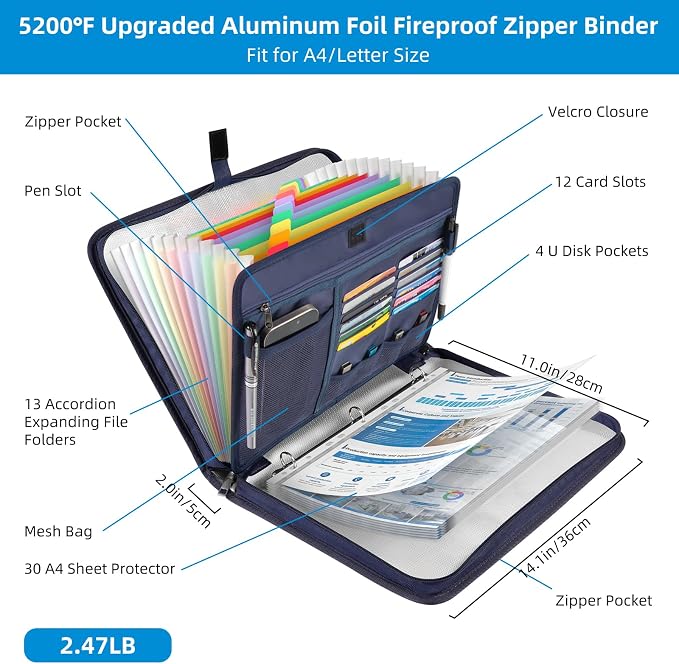 Fireproof Document Bag with Accordion File Organizer | Upgraded 5200°F Aluminum - Image 2