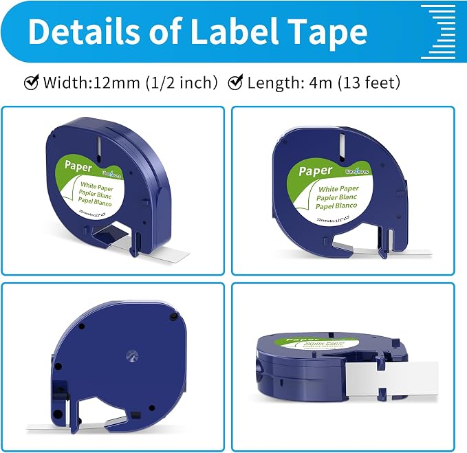 Wonfoucs Compatible with Dymo Label Make Refills 12 mm x 4 m 1/2 x 13 White - Image 8