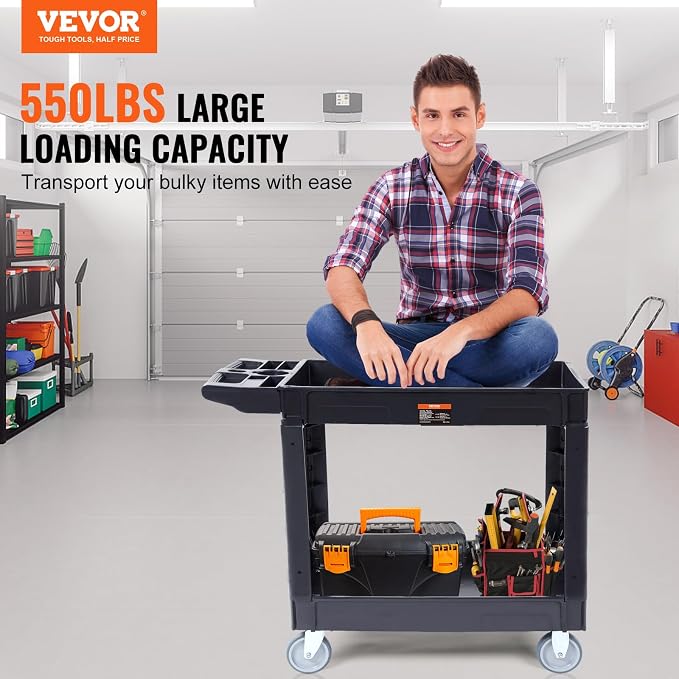 VEVOR Utility Service Cart, 2 Shelf 550LBS Heavy Duty Plastic Rolling Utility - Image 2