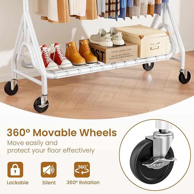 Double Rods Clothing Rack, Heavy Duty Clothes Rack for Hanging Clothes Load 560LBS, Metal Rolling Garment Racks with Wheels, Freestanding Clothes Hanging Racks, White-DeskLoop Office