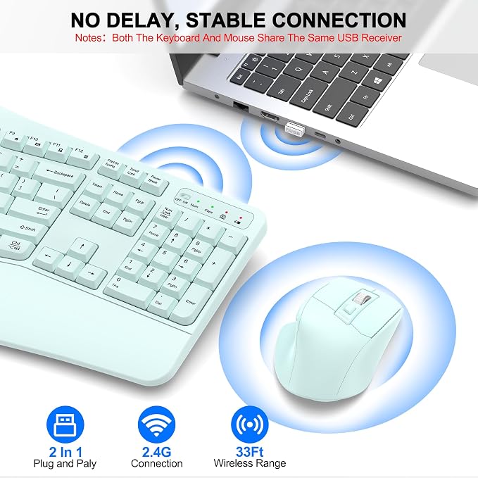 Wireless Keyboard and Mouse Combo, 2.4G Full Size Wave Keys Ergonomic Keyboard - Image 5