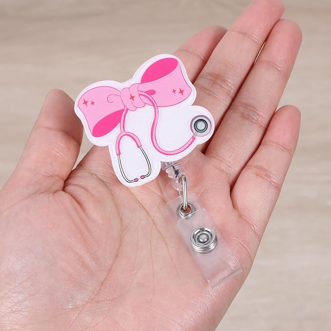 Pink Bow Stethoscope Badge Reel, Cute Retractable ID Card Badge Holder - Image 2