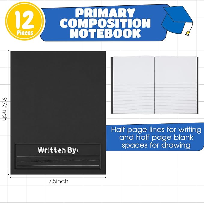 Henoyso 12 Pcs Primary Composition Notebook K-2 9 3/4 x 7 1/2 Inch Primary Journal, Back to School Supplies, Bulk Blank Writing Book for Kid to Write Draw Journal 60 Page Notebooks (Black)-DeskLoop Office