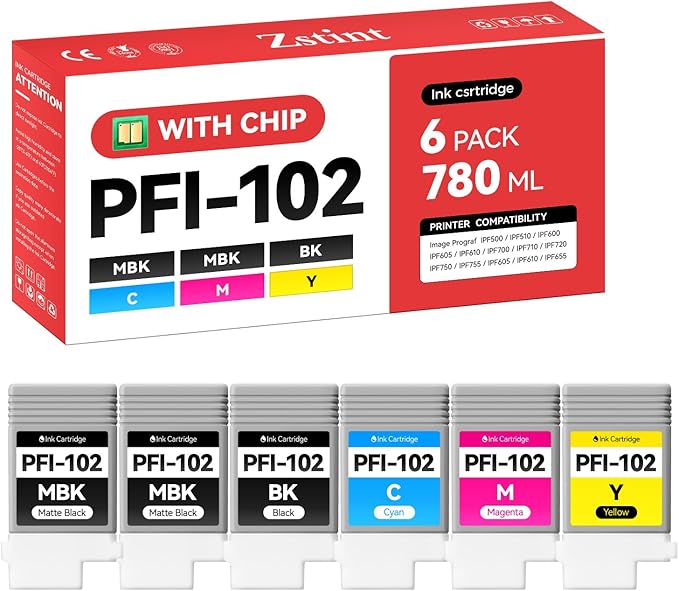 PFI-102 Ink Tank 6-Pack 130ml PFI102 Ink Cartridges Compatible with Canon imagePROGRAF iPF500 iPF510 iPF600 iPF605 iPF610 iPF650 iPF655 iPF700 iPF710 iPF720 iPF750 iPF755 iPF760 iPF765 Inkjet Printer-DeskLoop Office