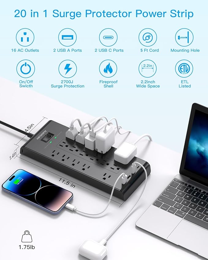 Extension Cord 15 Ft, HANYCONY Power Strip with 16 Oultets 4 USB Ports(2 USB C), 2700 Joules Heay Duty Surge Protector, Flat Plug, Wall Mount for Home Office, ETL Listed, Black-DeskLoop Office
