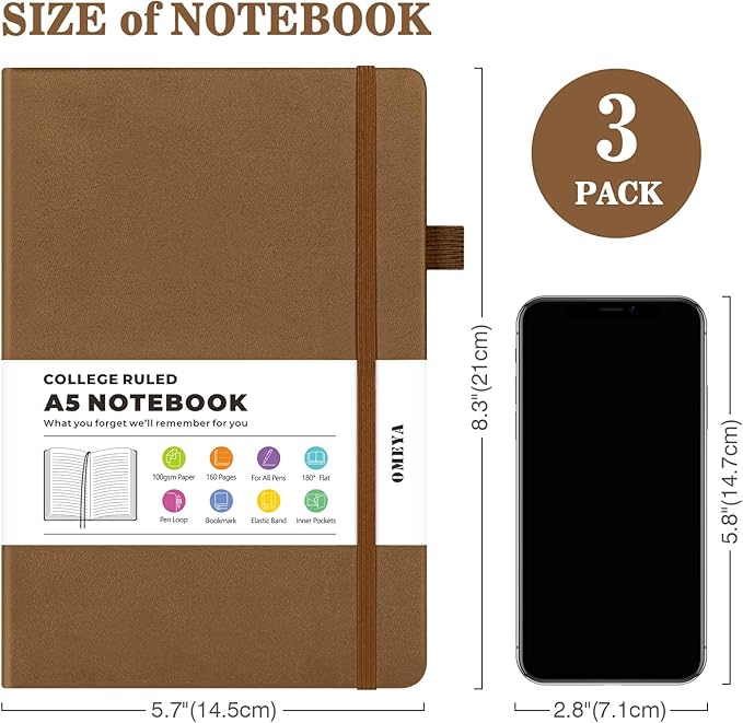 Lined Journal Notebook, 3 Pack A5 College Ruled Notebooks for Work, Hardcover Notebook Each with 2 Pockets & Pen, Leather Journal for Women, Men, 160 Pages, 100GSM Thick Paper ( Brown 5.7" x 8.3" )-DeskLoop Office